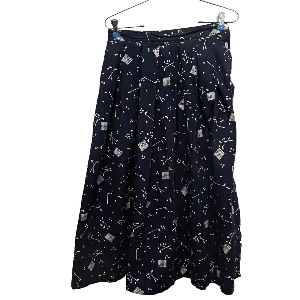 90s Golf Print Skirt Side Button Midi to Maxi Blue White Vintage SZ S 10 Cotton